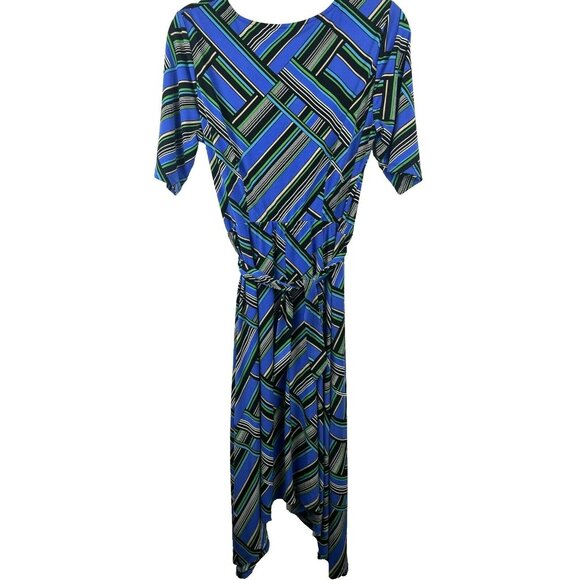London Times Womens Dress 10 Blue Mosaic Colorful Midi Twist V Neck Short Sleeve - Picture 6 of 7